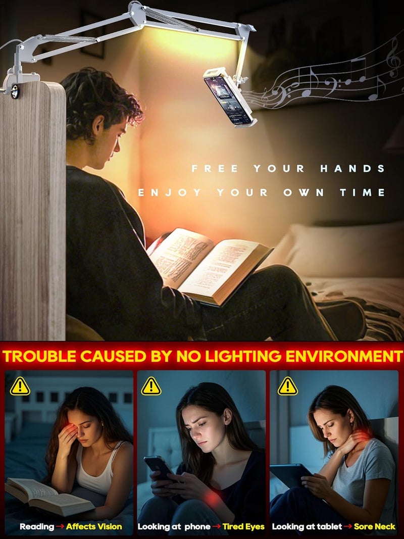 CACENCAN حامل تابلت، حامل تابلت قابل للتعديل مع ضوء، حامل تابلت مرن عالمي مع دوران 360 درجة لجهاز iPad/iPhone/iPad Pro/N-Switch، أو أجهزة أخرى من 4.5 إلى 13.5 بوصة (أبيض) - Image 3